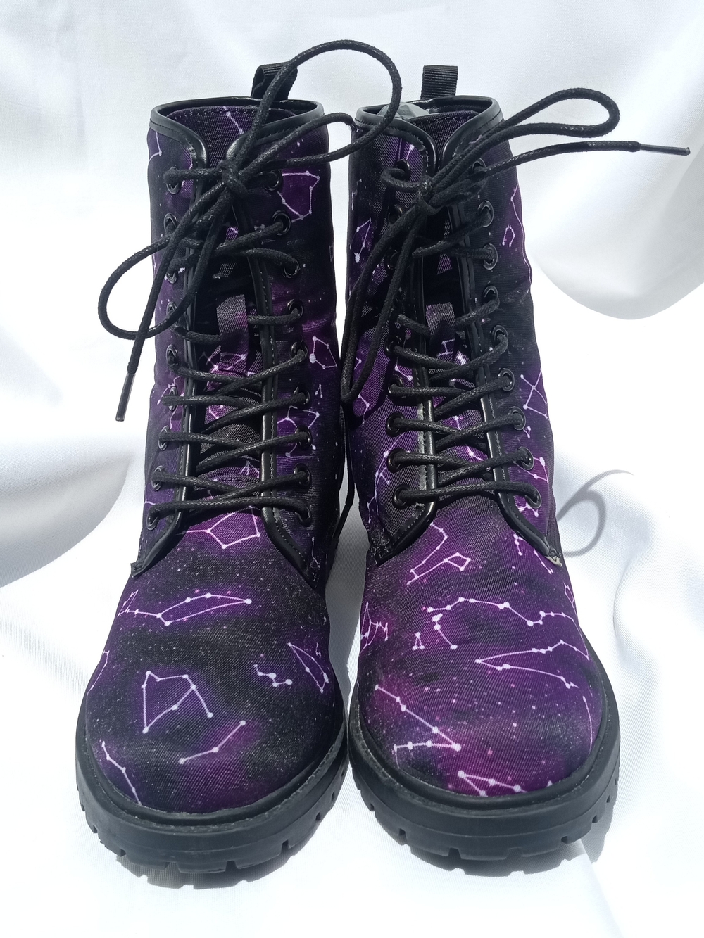 Purple Galaxy Star Constellation Lace Up High Top Canvas Dr. Marten Combat Boots - Picture 4 of 10